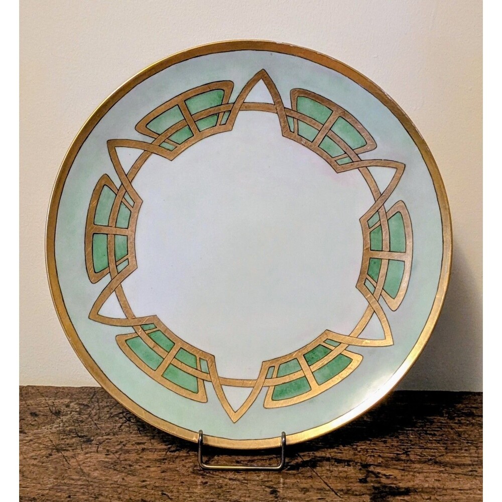 Antique 13" Thomas Sevres Bavaria Wall Charger Art Nouveau Green Gold Signed